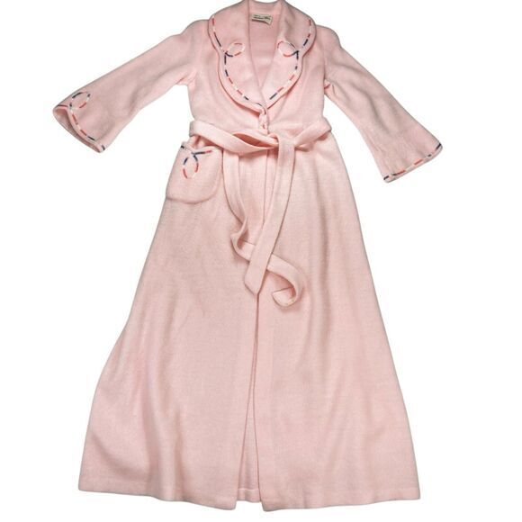 BEATRICE PINES Vintage Robes Womens M Pink Soft Embroidered Belted Chic Relaxed - Picture 1 of 14